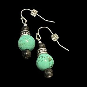 Natural Stone Dangle Earrings Blue Black Silver Tone Beaded